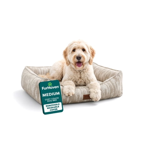 Furhaven Pet Products Medium Overstuffed Cozy Couch Non-Slip Dog & Cat Bed, 27"x21", Taupe
