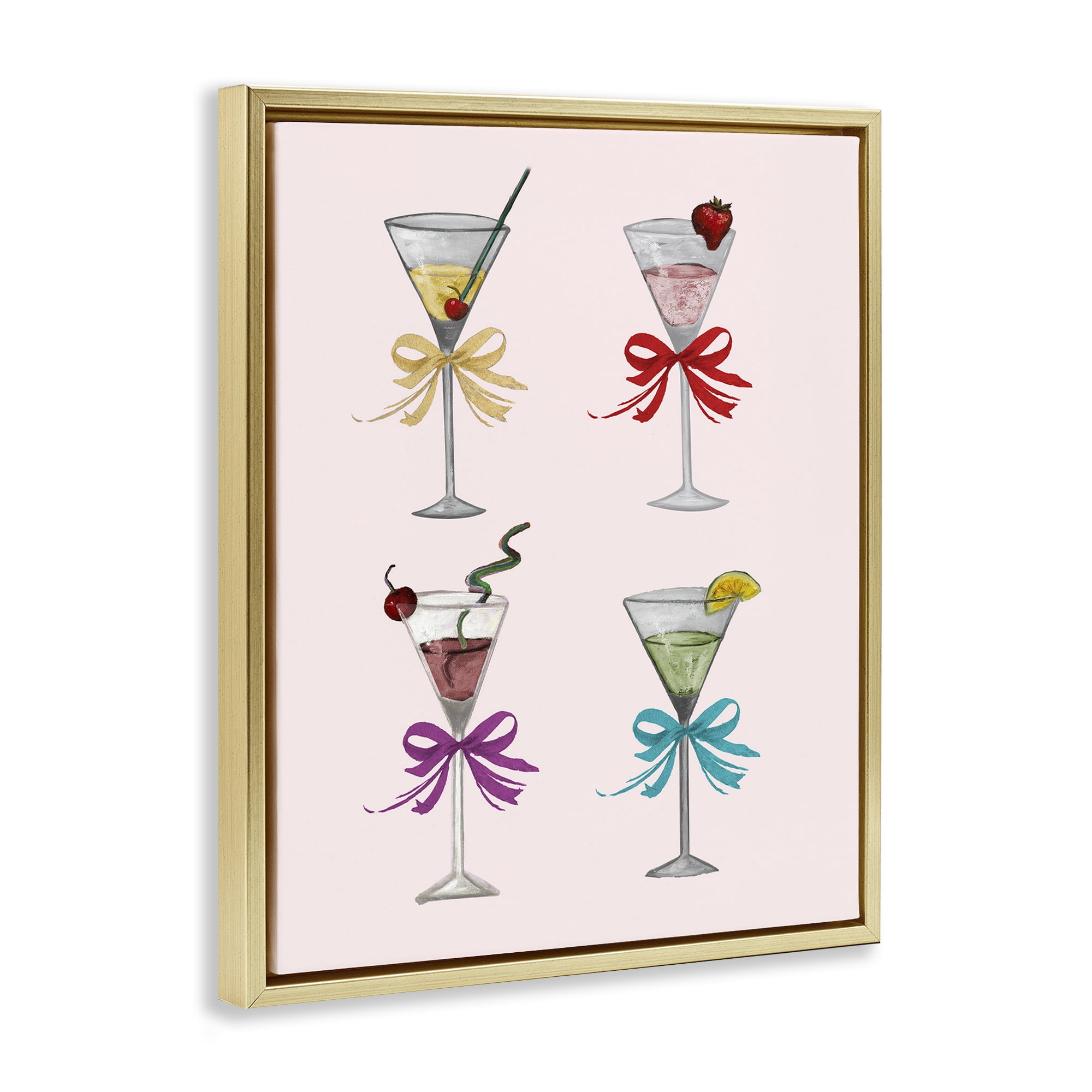 Stupell Industries Cute Ribbon Cocktails Food & Beverage Painting Gold Floater Framed Canvas Art Print Wall Art, 25 x 31