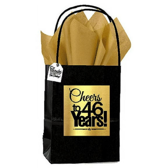 Black & Gold 46th Birthday / Anniversary Cheers Themed Small Party Favor Gift Bags with Tags -12pack
