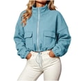 thumbnail image 3 of CBASIHI Womens Cropped Sweatshirts with Pockets- Casual Trendy Loose Fit Stand Collar Fall Zip Up Jackets Light Blue Size XL, 3 of 9