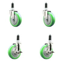 5 Inch 316SS Green Poly Swivel 1-1/4 Inch Expanding Stem Caster Set 2 Brake SCC