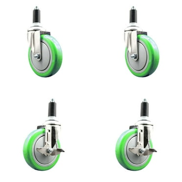 5 Inch 316SS Green Poly Swivel 1-1/4 Inch Expanding Stem Caster Set 2 Brake SCC