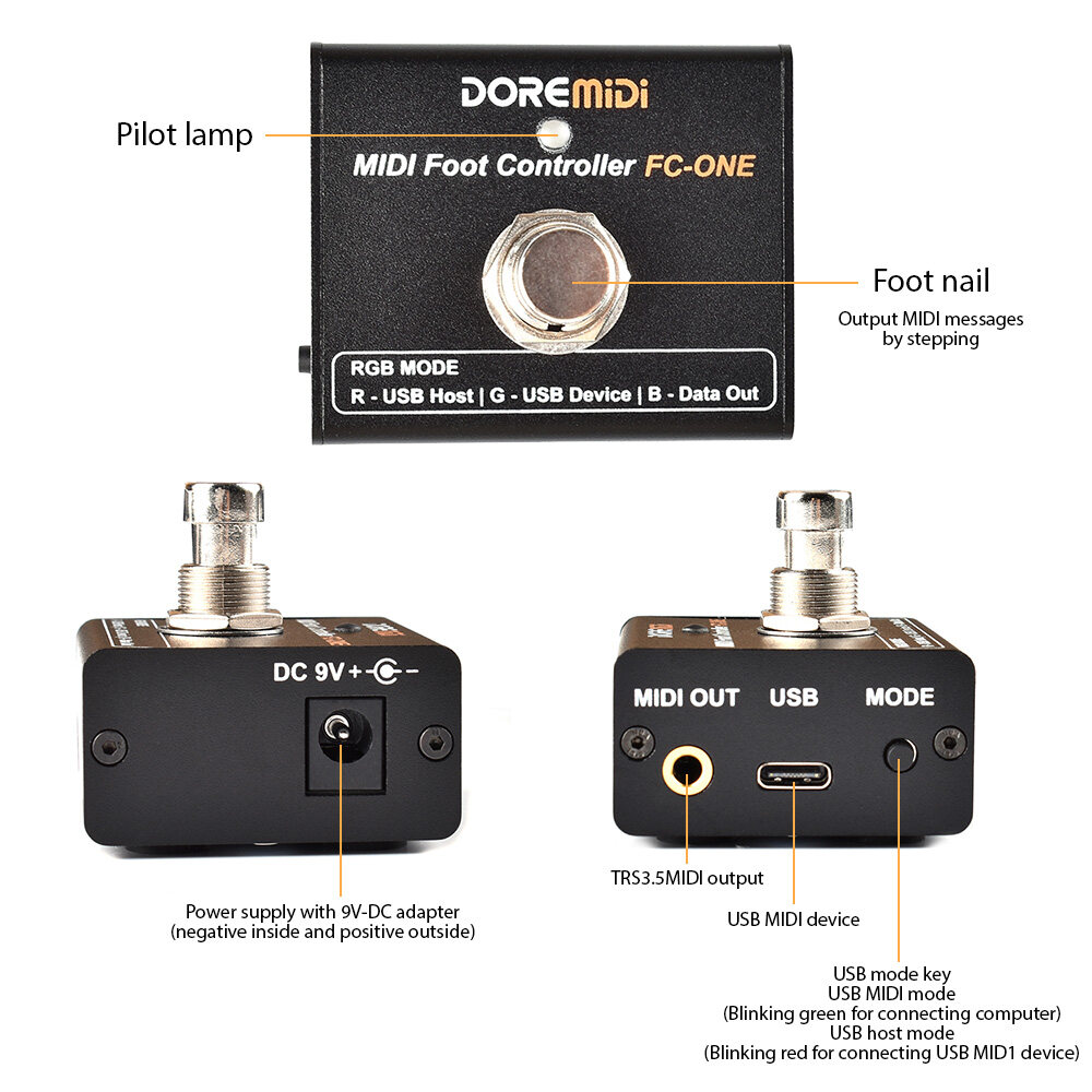 DOREMiDi MIDI Foot Controller Electric Guitar MIDI Effects Pedal Plug and Play MIDI Output Ports DIY CC/PC/NOTE Messages Various Trigger Modes Portable MIDI Device