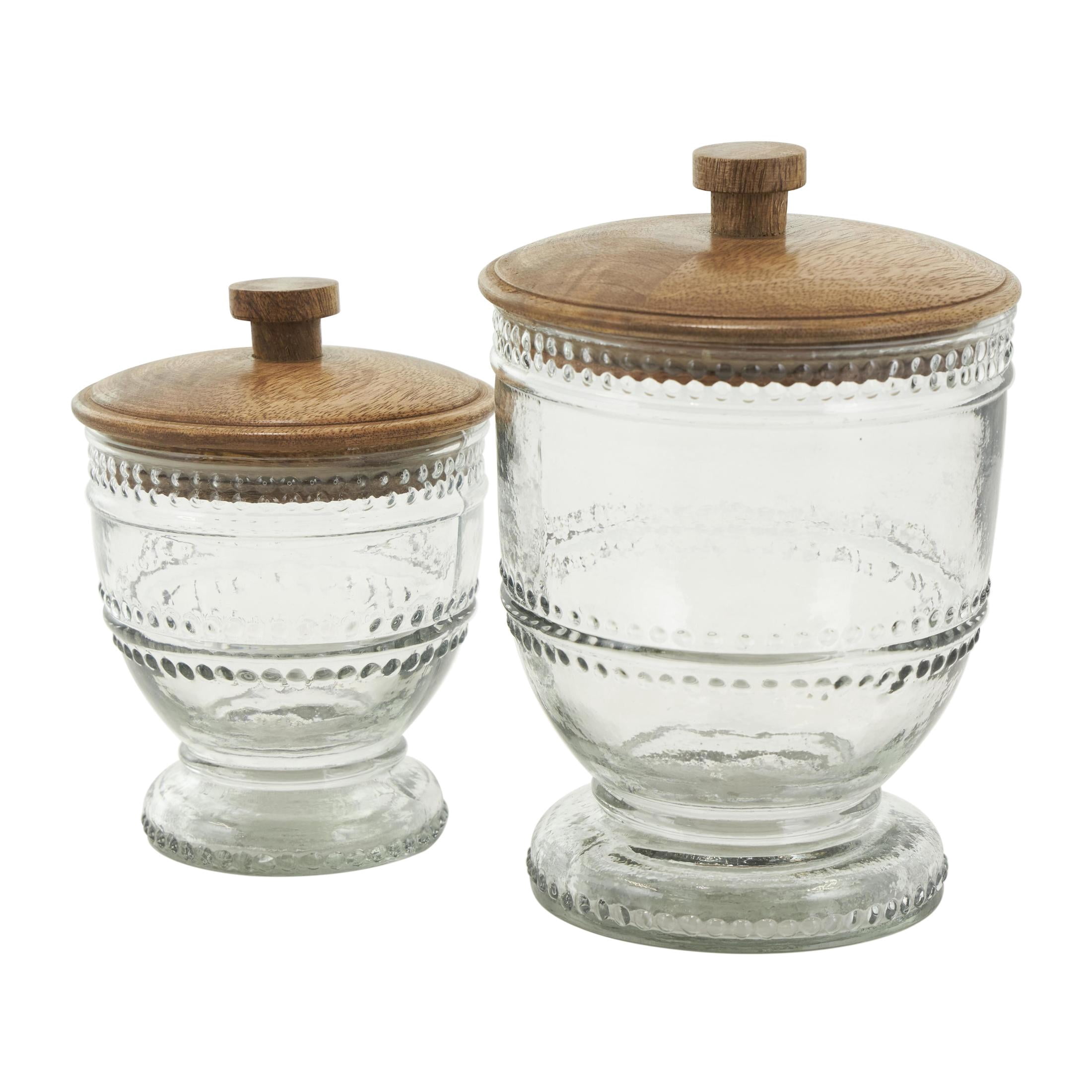 DecMode 8", 7"H Clear Glass Beaded Decorative Jars with Wood Lids, 2-Pieces