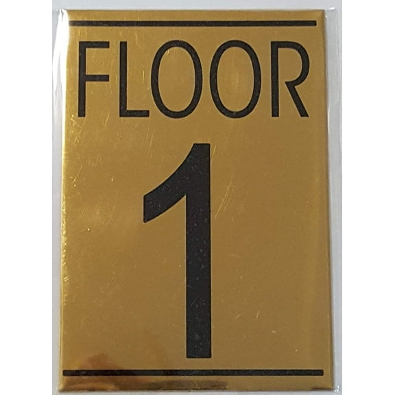 FLOOR 1 SIGN - Gold BACKGROUND (ALUMINIUM - 5 3/4 X 4) WITH SELF ADHESIVE STICKER FOR INDOOR USE