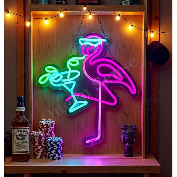 Queen Sense 16"x14" Flamingo Cocktails LED Neon Sign for Wall Decor Dimmable USB Powered LED Light W116FC-5VLED