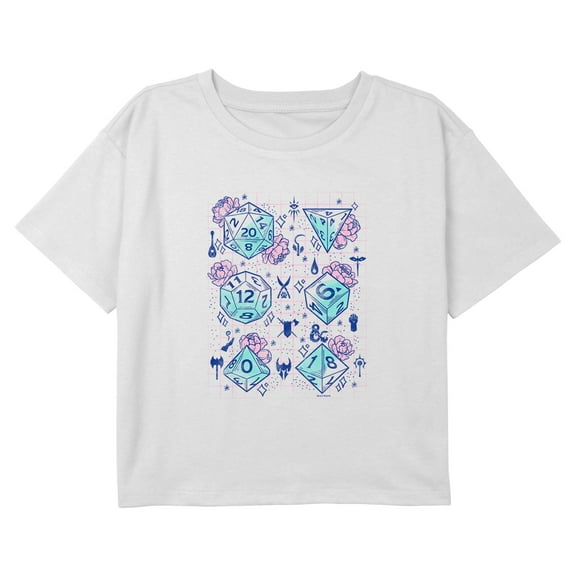 Girl's Dungeons & Dragons Pastel Sketch Floral Dice Graphic Cropped T-Shirt