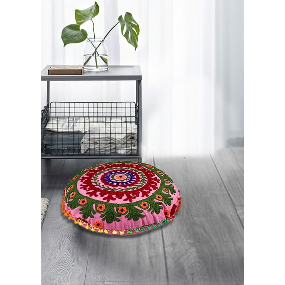 Stylo Culture Indian Floor Pillow Cushion Traditional Embroidered Suzani Cover Pink 18x18 Small Decorative Round Decor Seating Tuffet Seat Pouf Cover Footstool Cotton Floral 1 Pc