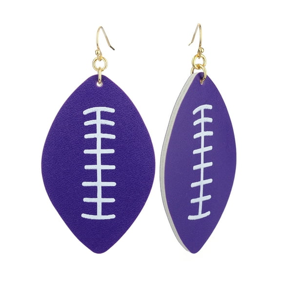 Women's Game Day Football Shaped Two Tone Faux Leather Dangle Pierced Earrings, Purple/White