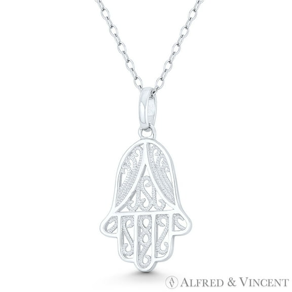 Hamsa Hand Evil Eye Charm Filigree Detail 26x14mm Pendant & Chain Necklace in .925 Sterling Silver