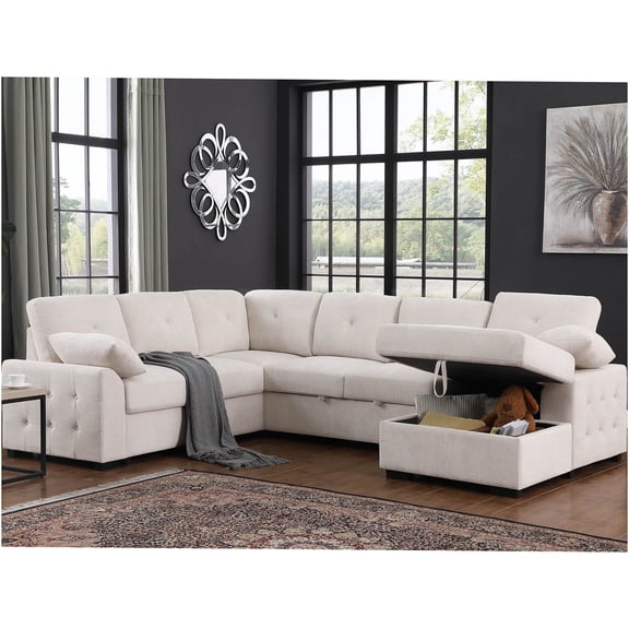 JERFIT Chenille Fabric 5-Seater Sectional Sofa with Pull-Out Sleeper and Storage Chaise, Beige