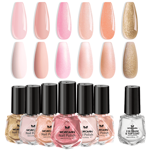 Morovan 7Pcs Pink Nude Nail Polish Set with 2 IN 1 Base and Top Coat,Nail Art Home DIY Fingernail Polish Gift Set for Women