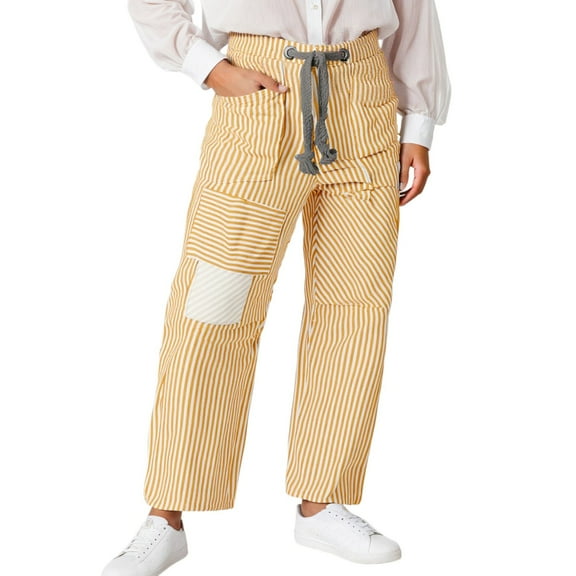 KHONTS Baggy Barrel Jeans for Women Y2k Striped Drawstring High Waist Straight Wide Leg Boyfriend Jeans Mom Denim Pants Yellow S