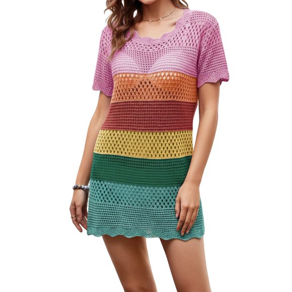 Women Crochet Swimsuit Beach Cover Up Short Sleeve Mesh Knit Bathing Suit Rainbow Color S