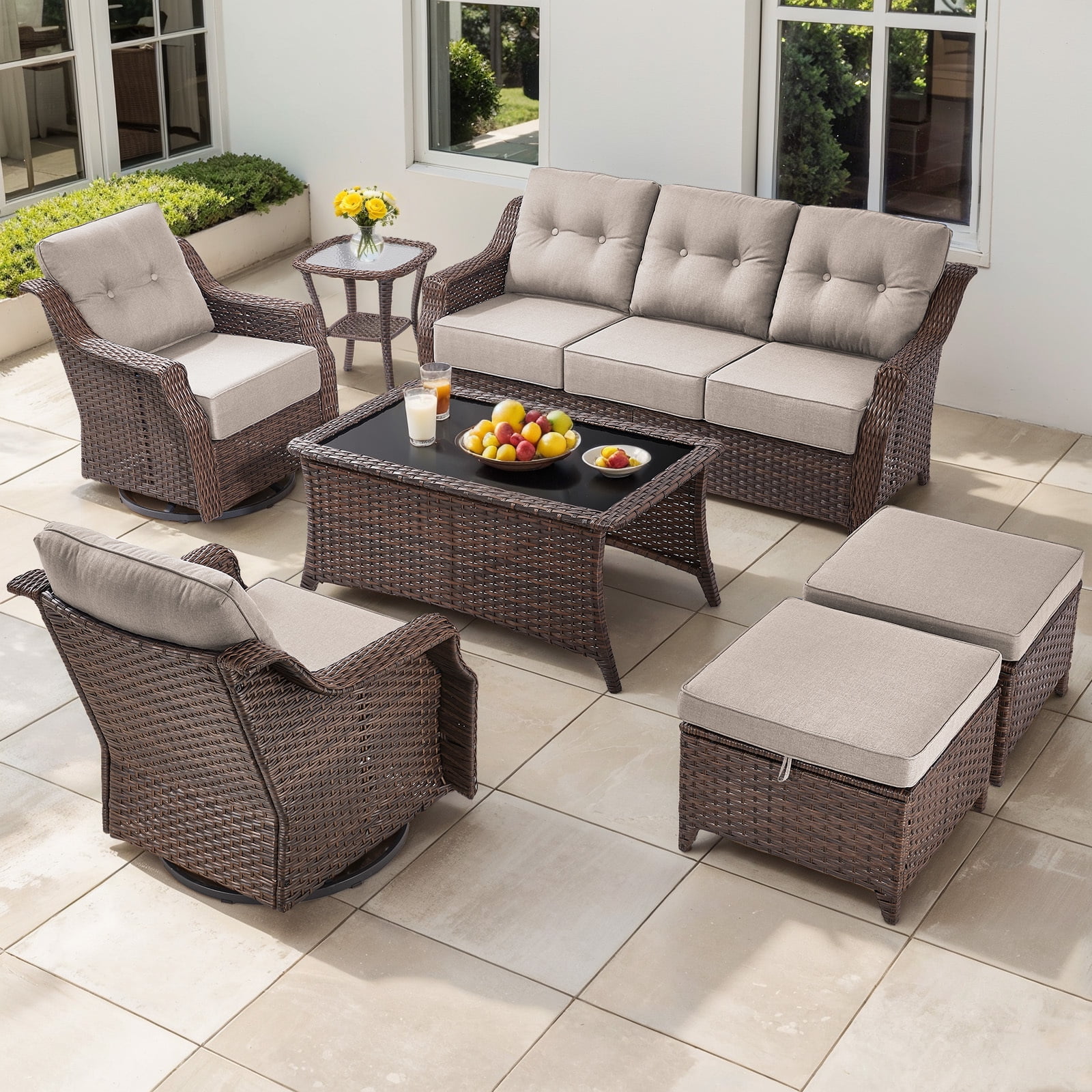 Bellefurn Outdoor Patio Furniture Set with 6 inch Thick Cushion and Swivel Rocker Chairs,Wicker Sofa,Coffee Table and Ottomans,7Pcs Outdoor Conversation Set for Porch,Deck,Yard