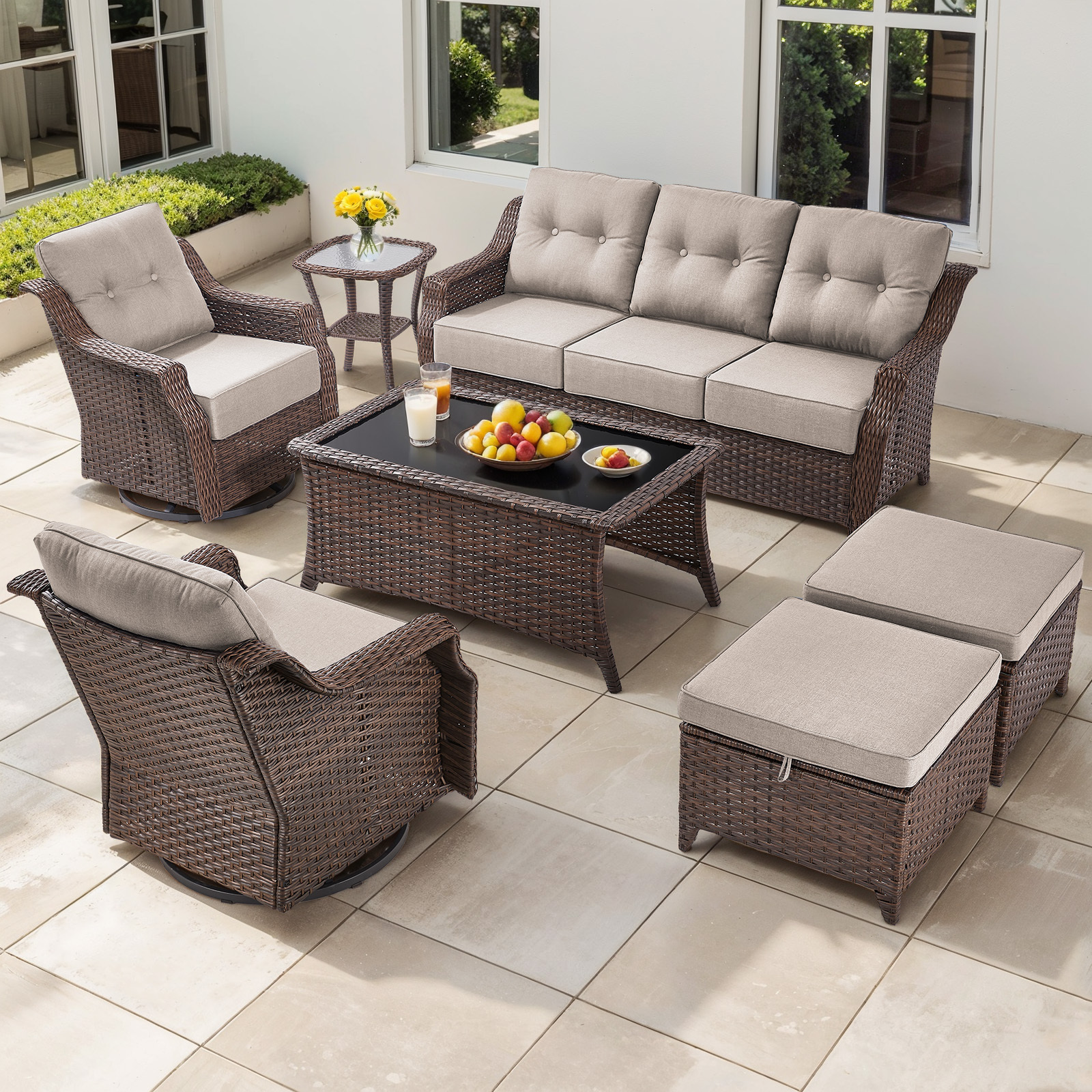 Bellefurn Outdoor Patio Furniture Set with 6 inch Thick Cushion and Swivel Rocker Chairs,Wicker Sofa,Coffee Table and Ottomans,7Pcs Outdoor Conversation Set for Porch,Deck,Yard
