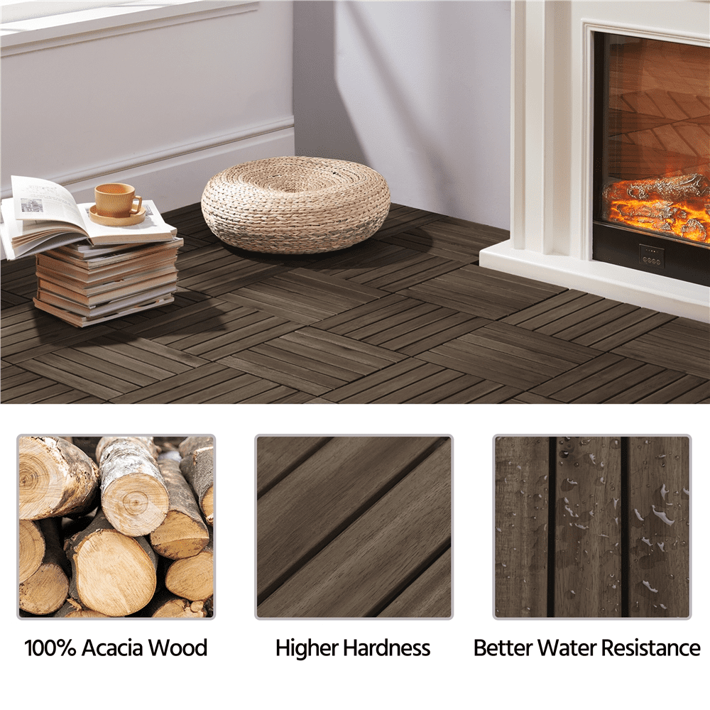 Renwick Wood Interlocking Flooring Tiles for Patio Garden Deck, Pack of 27, Black