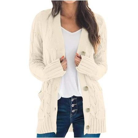 Dagegui Women's Cable Knit Chunky Cardigan Sweaters Plus Size Long Sleeve Open Front Sweater Coats Fall Winter Button Down Cardigans with Pockets Today Deals Savings Beige 5XL