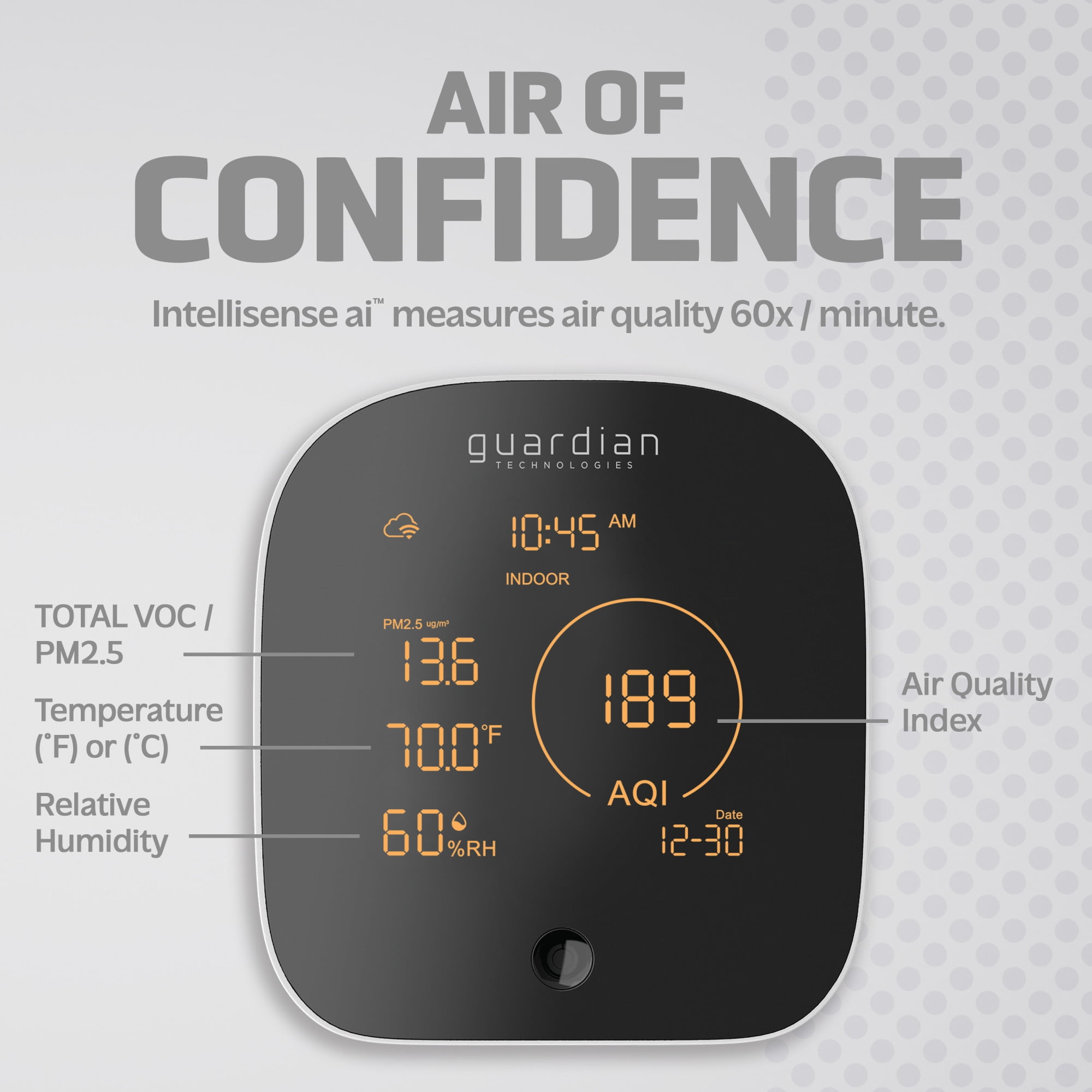 Guardian Technologies Smart Air Quality Monitor, App Controlled, Alexa and Google Enabled, Black/White, AQM101