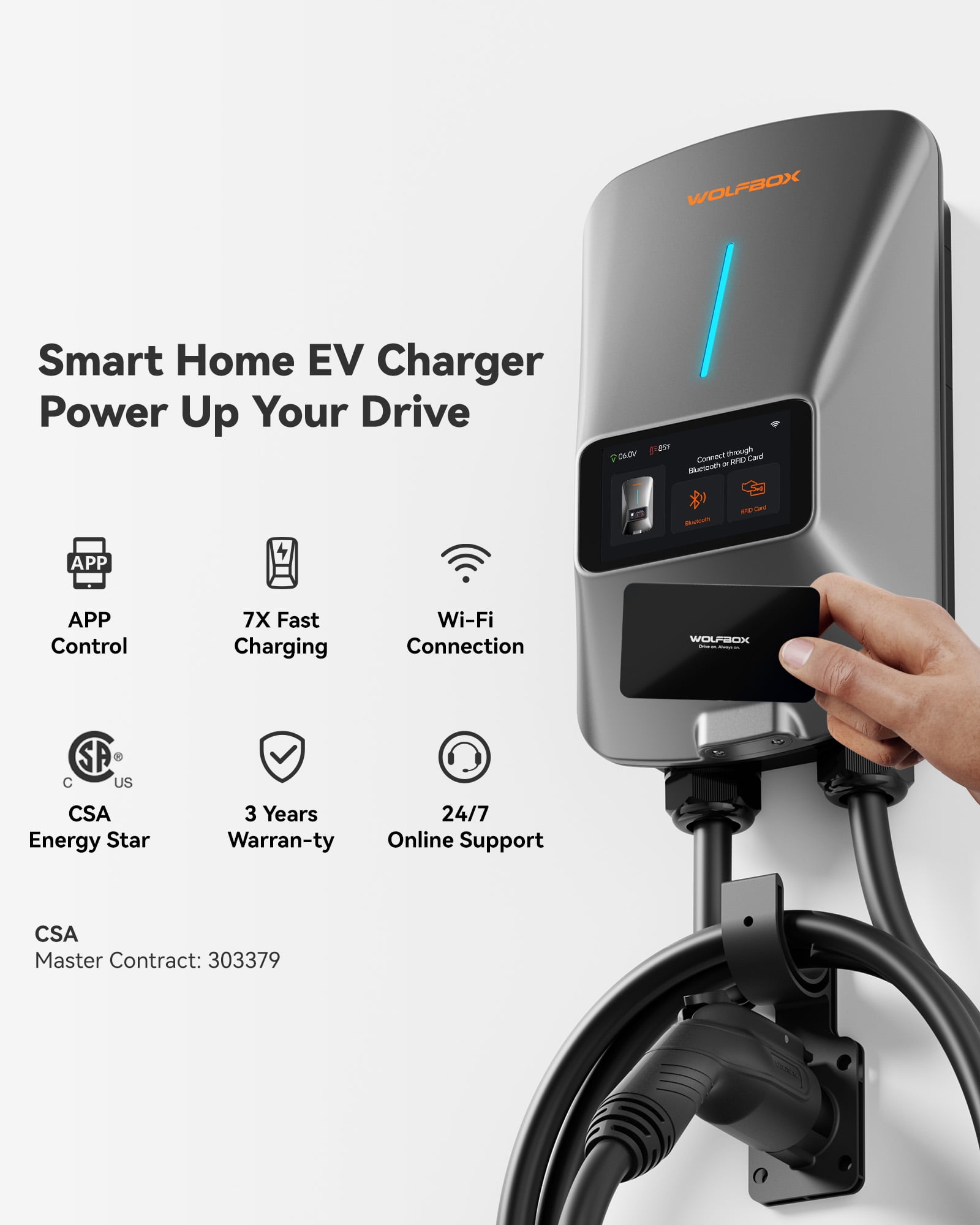 WolfBox EV Charger, Level 2 EV Vehicle Charging Station, 240V 40 Amp with NEMA 14-50 Plug, Wifi Enabled Electric Car Charger, Smart Display, RFID Card, Grey
