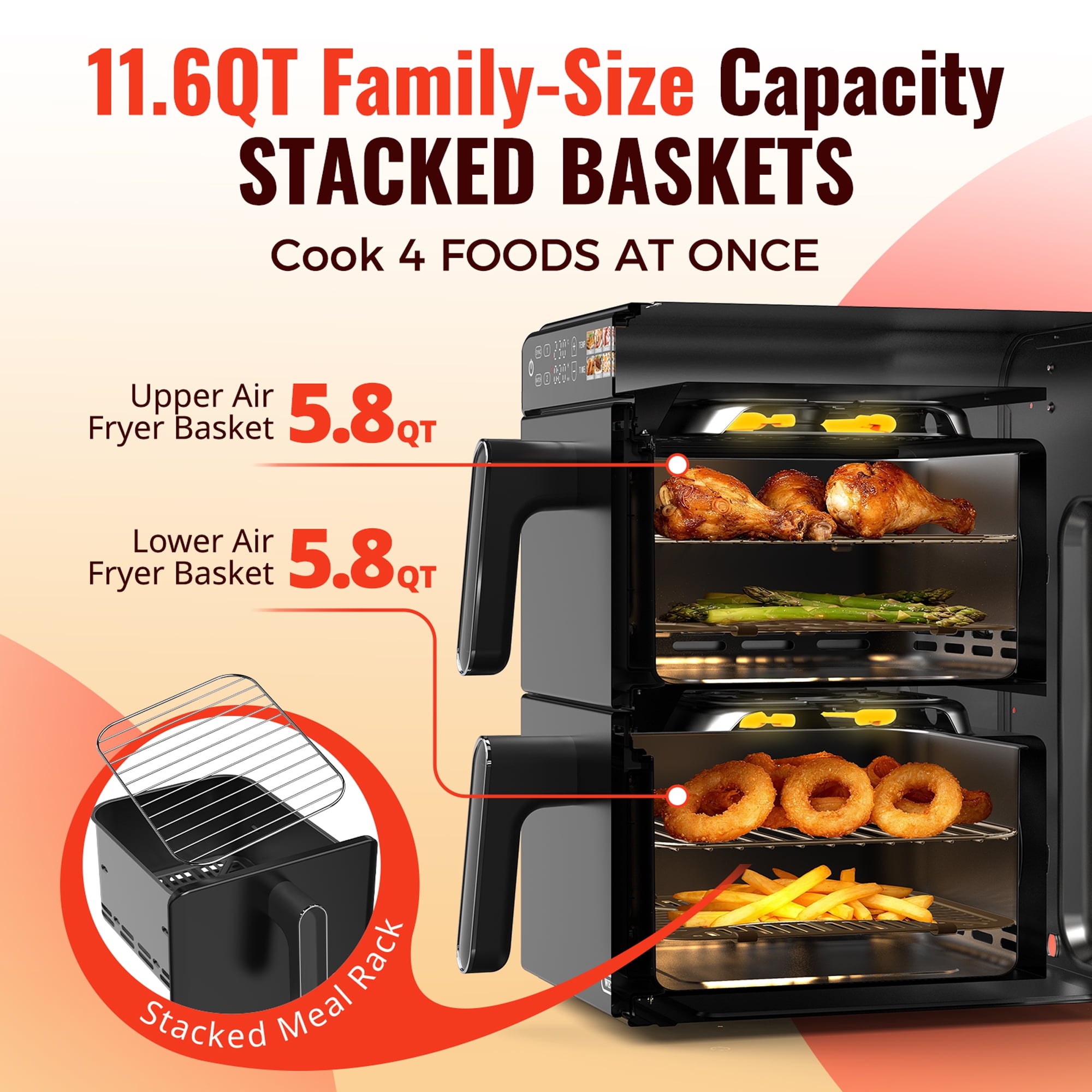 11.6 QT 2-Baskets Air Fryer, 6-in-1 Presets & Digital Touchscreen, Sync & Match, Dishwasher Safe & Space Saving