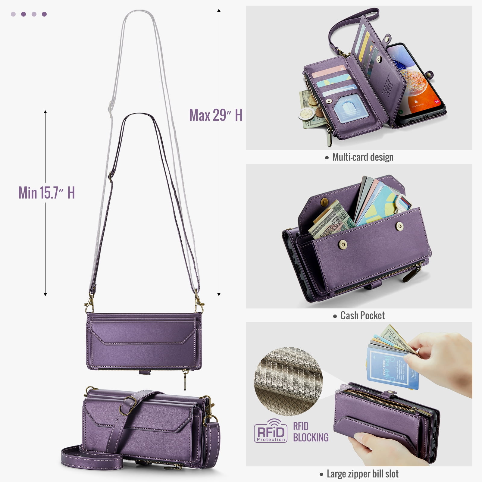 Asuwish Compatible with Samsung Galaxy A15 5G/4G Zipper Wallet Phone Case Tempered Glass Screen Protector Crossbody Lanyard Strap Flip Card Holder Slot Cell Cover for A 15 G5 15A Women Girls Purple