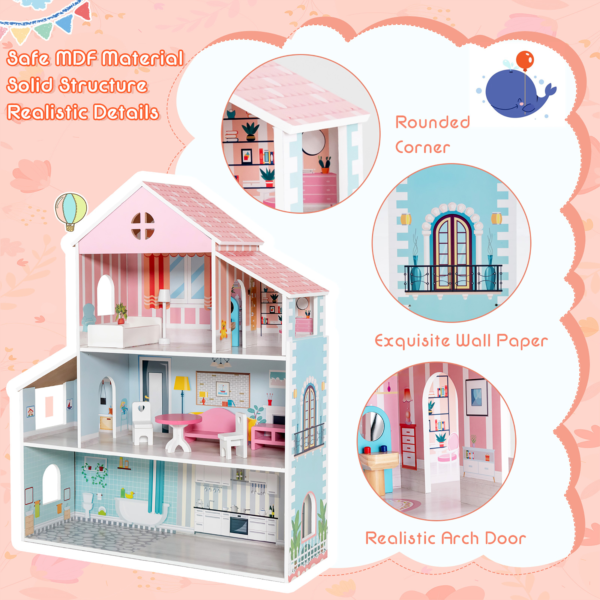 Costway Wooden Dollhouse 3-Tier with Furniture Set photo 4
