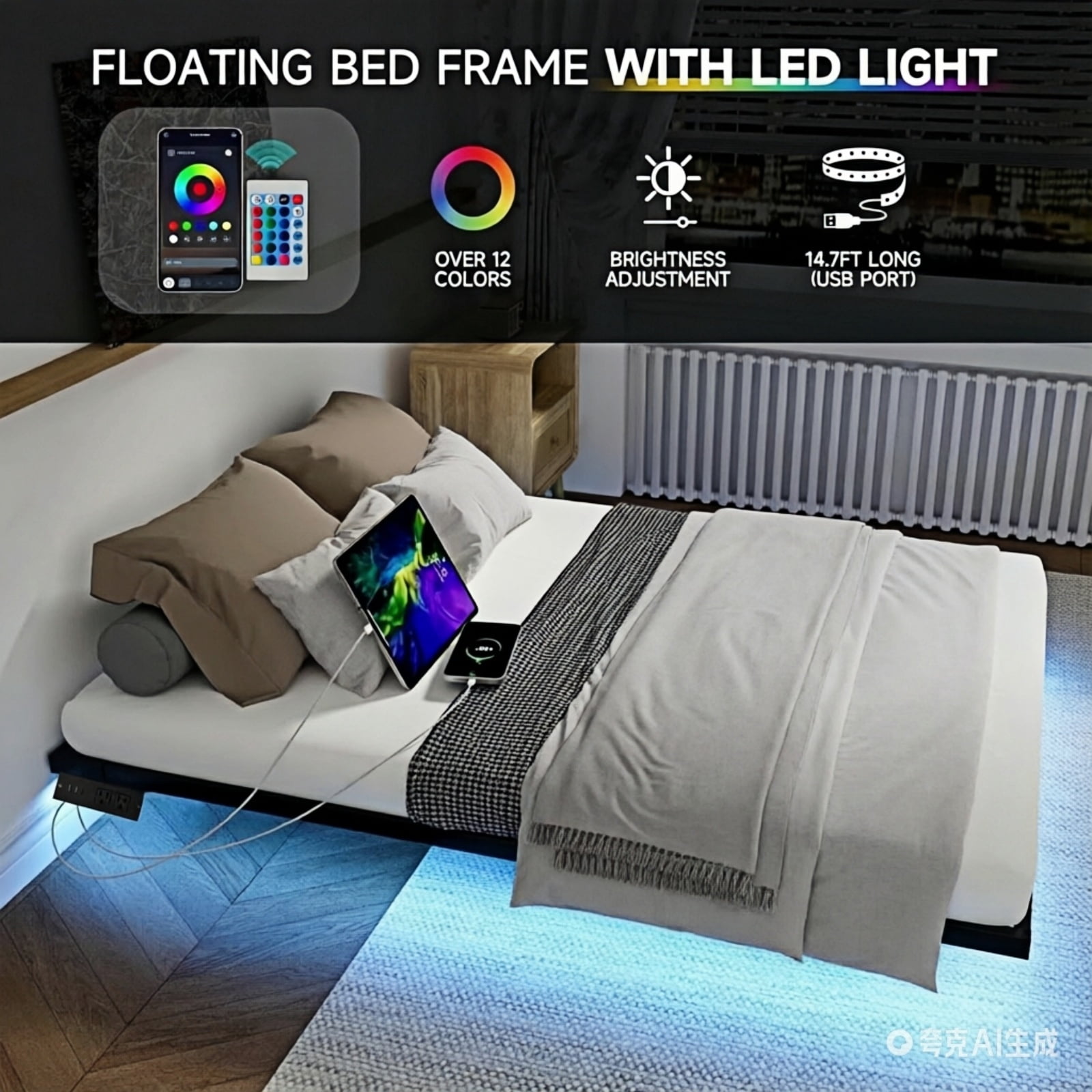 Dayago Full Size Floating Bed Frame with Smart LED Lights and USB Charging Port, Standard Bed Frame