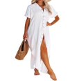 thumbnail image 4 of Robe de Plage pour Femmes, Cache-Maillot, Manches Courtes, Fente Latérale, Boutonnée, Longue Robe-Chemise, Cardigan, Robe Maxi de Plage, Bleu, G, 4 of 7