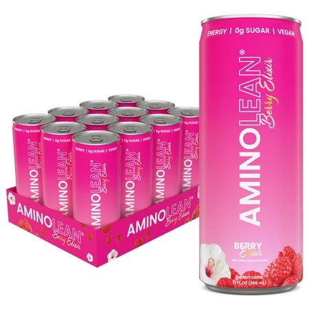 AminoLean Energy Drink, Sugar Free Amino Lean Energy, Pre Workout & Weight Management, Vegan, Berry Elixir (12 Pack)