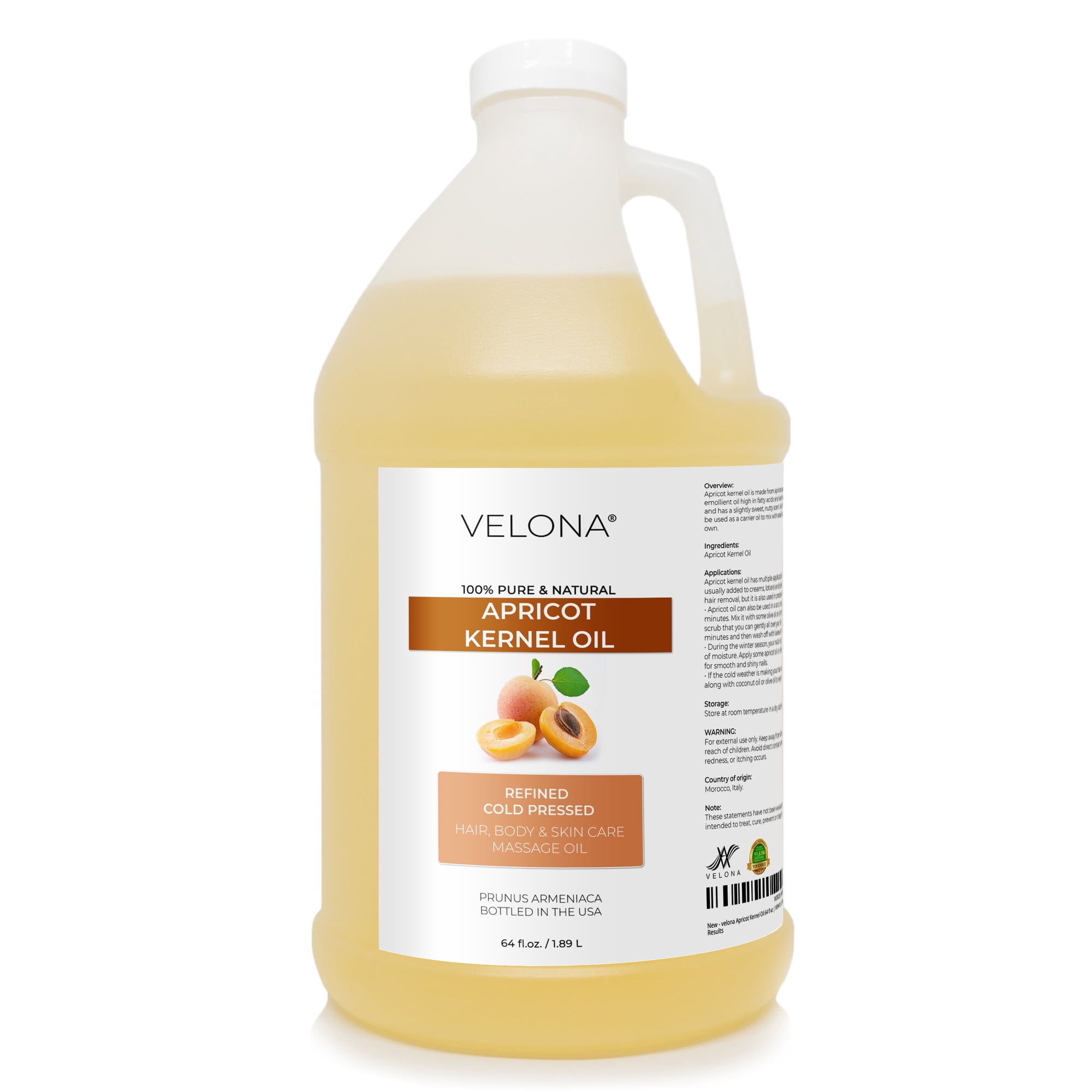 Apricot Kernel Oil by Velona - 64 oz | 100% Pure and Natural Carrier Oil | Refined Cold Pressed | Hair Body and Skin Care | Use Today - Enjoy Results