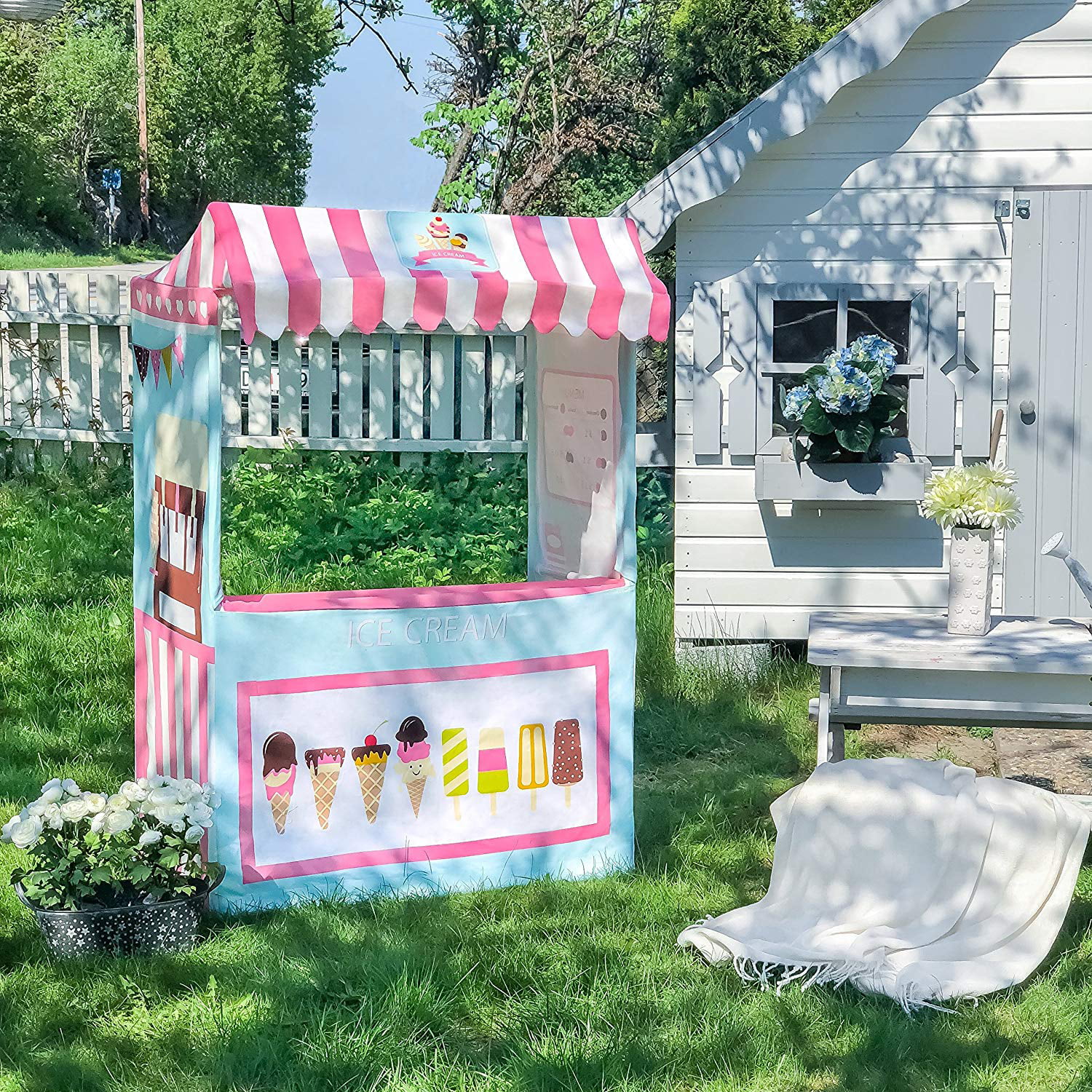 Ice Cream Cart Portable Play Store and 2 Pretend Food Playhouse Indoor Outdoor 