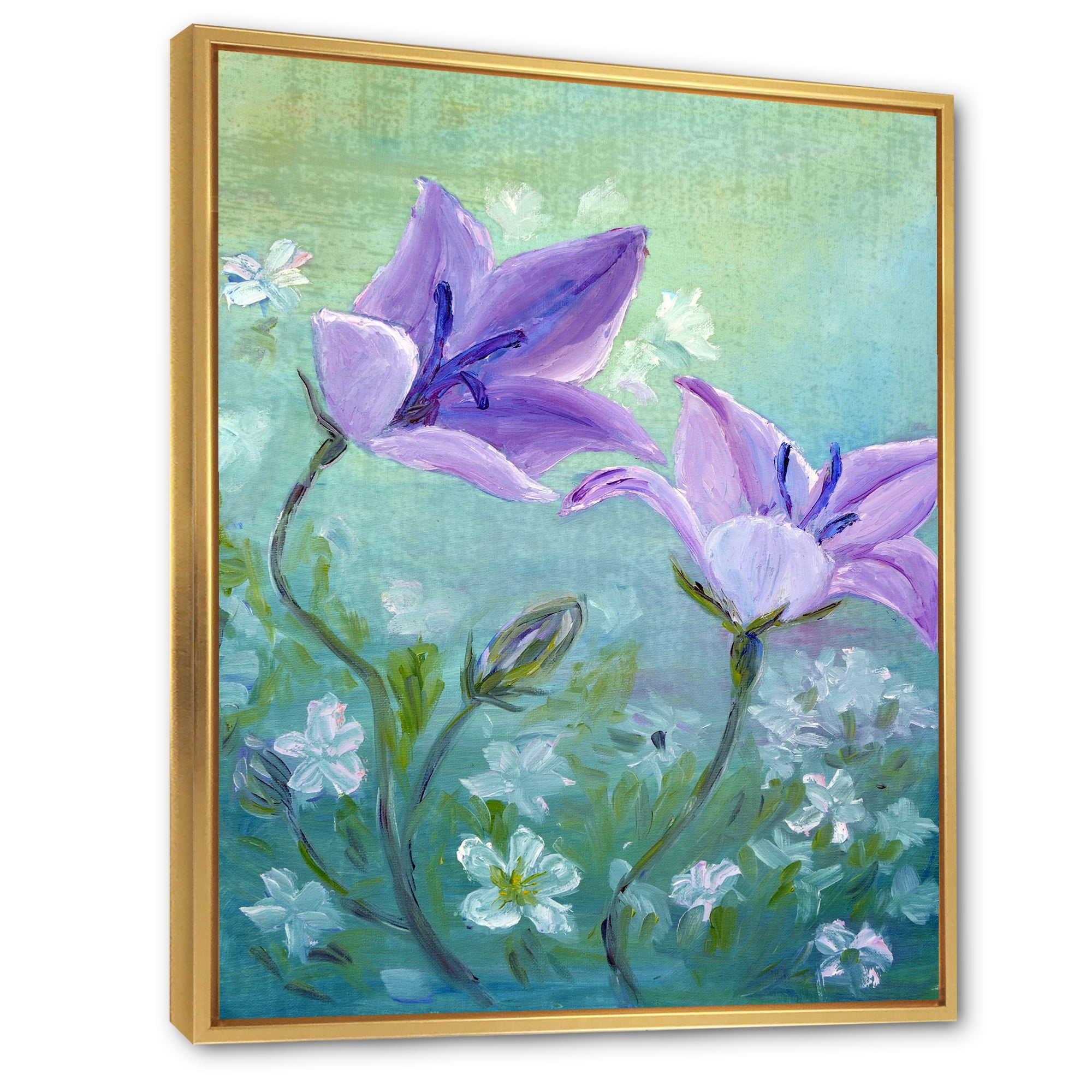Purple Bellflowers Blooming 24 in x 32 in Framed Painting Canvas Art Print, by Designart