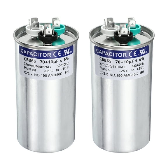Uxcell 2Pcs 70 10MFD CBB65 Run Start Capacitor 70 10uF, 370/440V Round AC Capacitor for AC Motor Run, HVAC, Air Conditioner, Condenser Motors