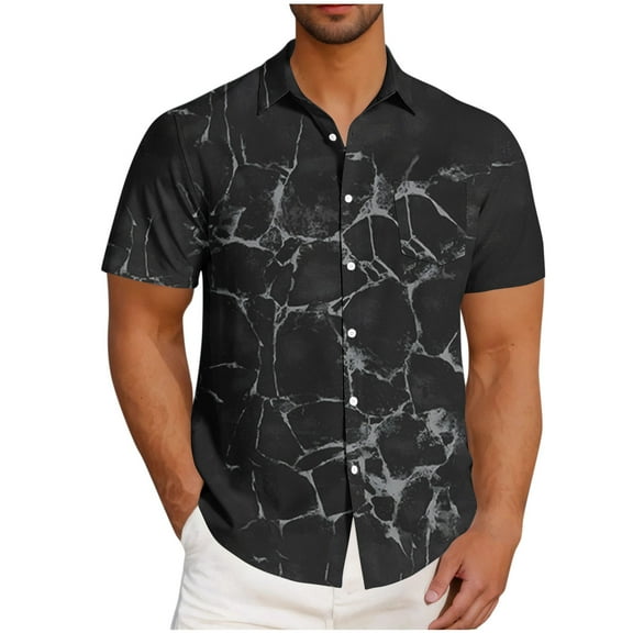 T-Shirts for Men Short Sleeve Pocket Gradient Button Turndown Collar Casual Printing Lapel Shirt Black XXL