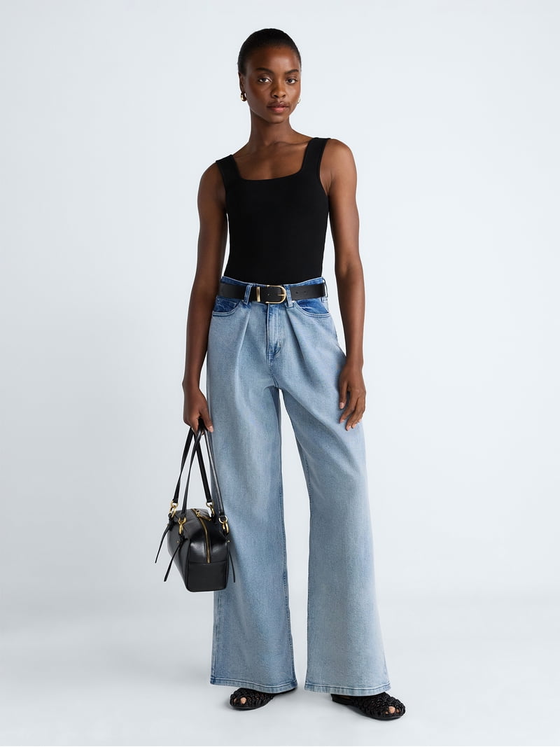 Scoop Women's and Women's Plus Mid-Rise Colorblock Wide Leg Jeans