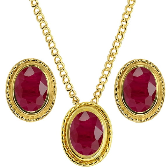 Gem Stone King 3.00 Ct Oval Red Ruby 18K Yellow Gold Plated Silver Pendant and Earrings Jewelry Set