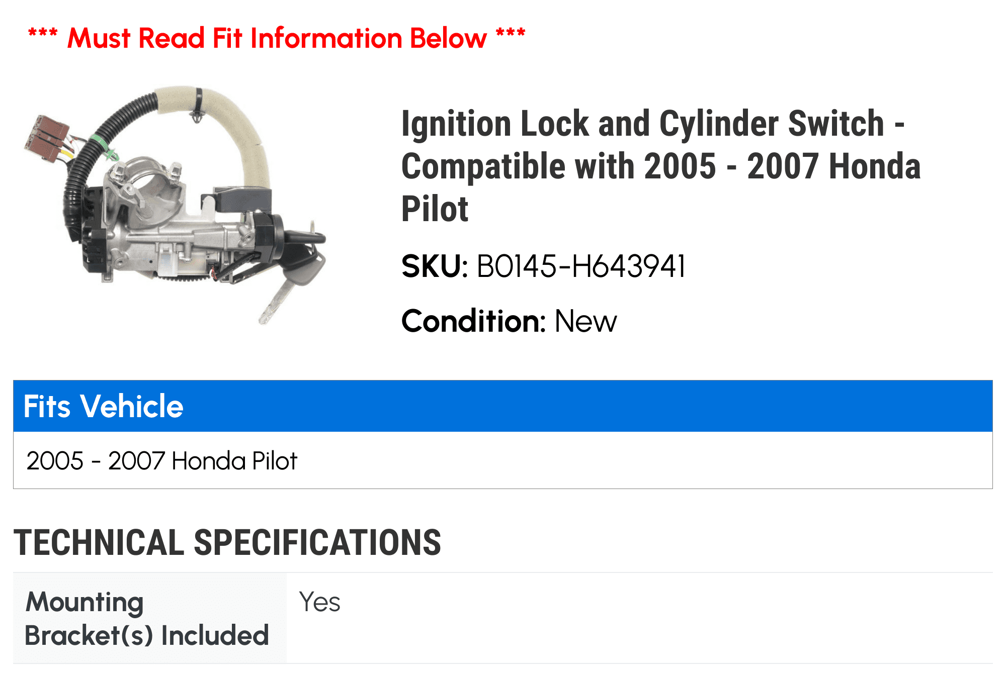 Ignition Lock and Cylinder Switch - Compatible with 2005 - 2007 Honda Pilot 2006