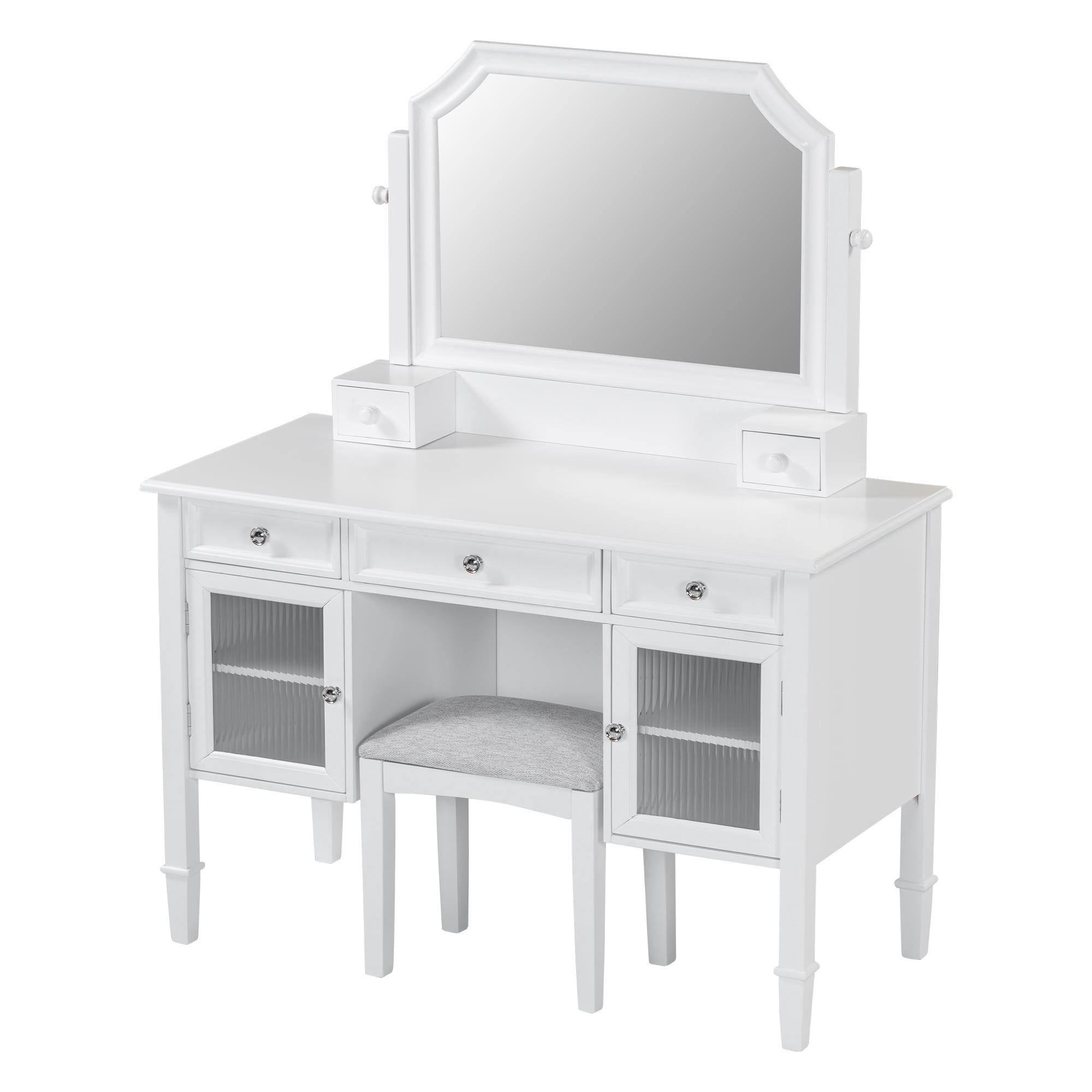 Euroco Modern White Makeup Vanity Desk with Adjustable Mirror, 5 Drawers & 2 Cabinets, Large Storage Organizer for Bedroom or Dressing Room