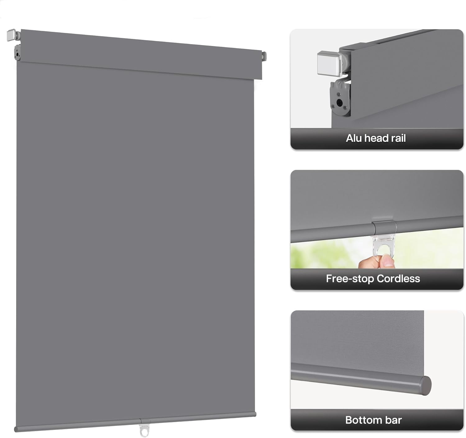 LazBlinds No Drill Blinds for Indoor Windows, Blackout Roller Shades, Cordless Window Blinds, Thermal Insulated Fabric UV Protection, for in Home and Office, 35" W x 72" H, Grey