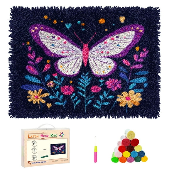 DIY Latch Hook Rug Kits Cartoon Butterfly and Flower Stamped Non-slip Mat Crochet Yarn Hook and Latch Emboridery Tapestry for Home Floor Decor and Pet Warm Cushion 52x38cm(14)