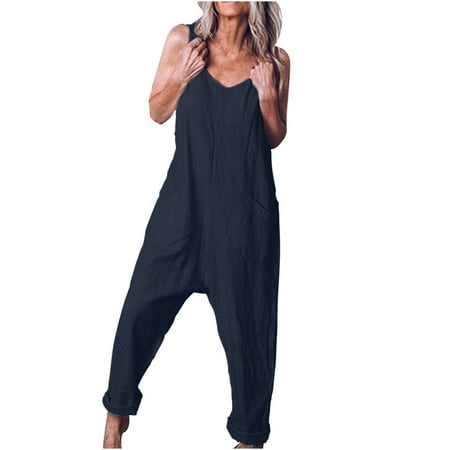 

Women s Casual Sleeveless Front Button Loose Jumpsuits Stretchy Long Pants Romper with Pockets