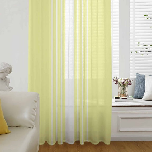 Yellow White Stripe Semi Sheer Curtains Drapes for Living Room, Bedroom, French Doors Window 84 Inches Long, Modern Rustic Vertical Striped Rod Pocket Chiffon Curtain Drapery Voile Draperies Panel