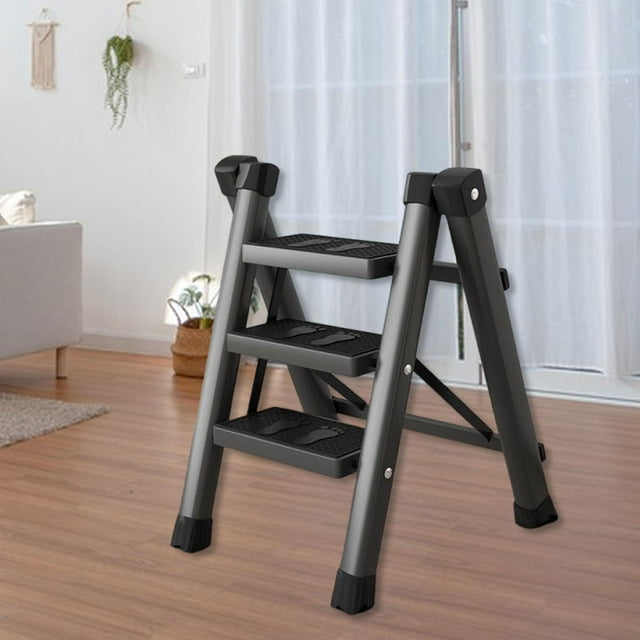 DYNWAVECA 3 Step Folding Ladder Portable Lightweight for Warehouse Home Indoor Outdoor Black