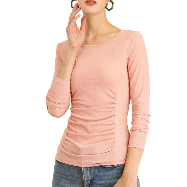 INSPIRE CHIC Women's Solid Crew Neck Long Sleeve Ruched Stretchy Tops