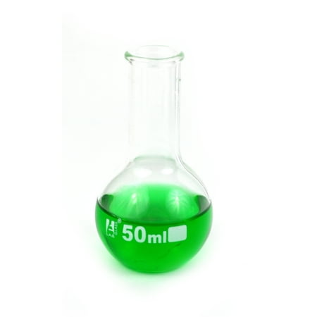 - 50ml florence boiling flask; flat bottom; eisco labs premium borosilicate glass; narrow neck; beaded rim