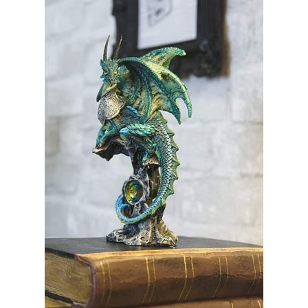 Ebros Armored Green Pagoda Dragon Perching On Gemstone Rock Pillar Statue 6.75"H