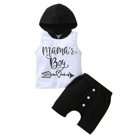 

Ma&Baby Toddler Baby Boys Summer Outfit Letter Print Hooded Vest and Elastic Shorts Set