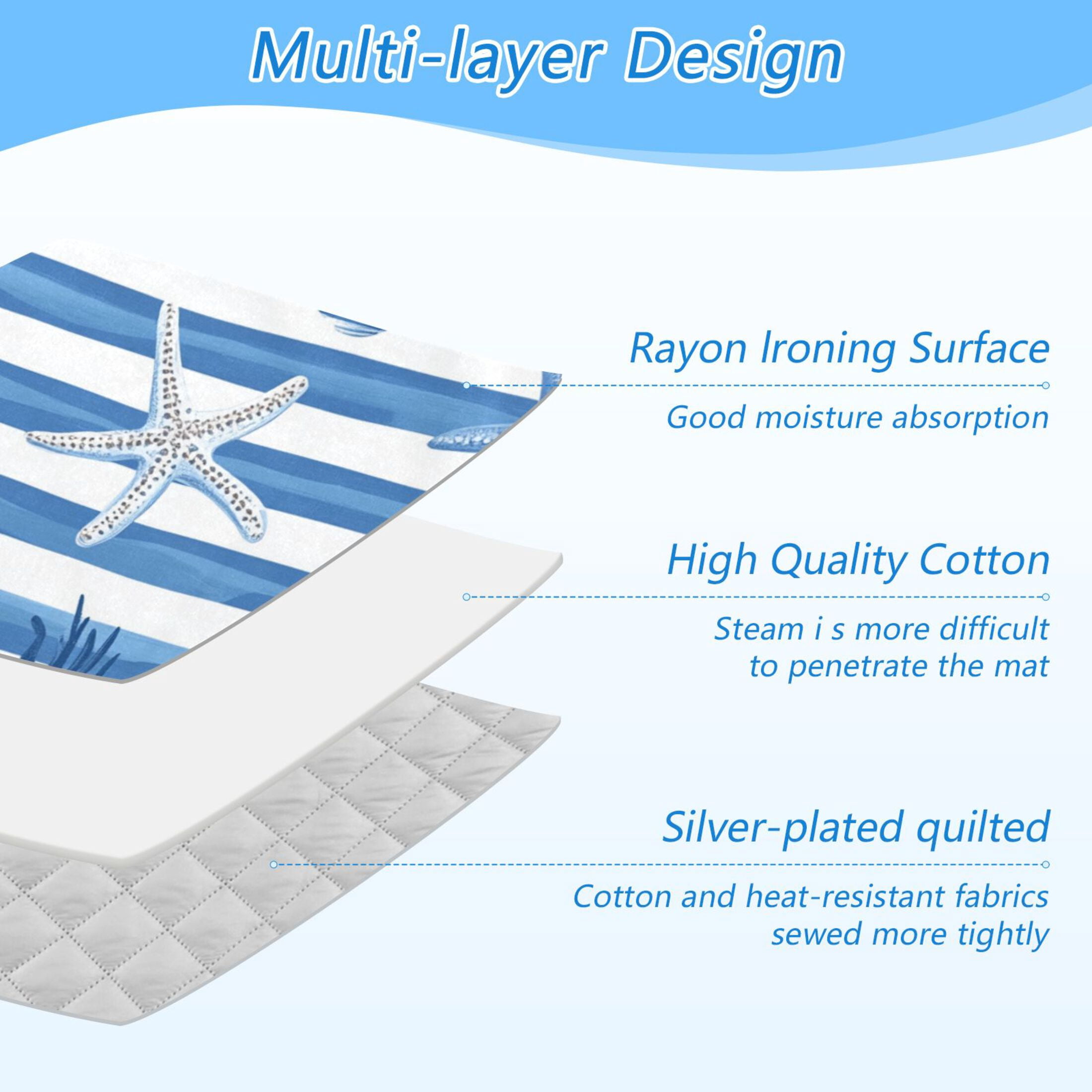 Blue Stripes Shells Starfishes Water Plants Ironing Mat Blanket Portable Travel Ironing Pad Heat Resistant Pad 47.2" x 27.6”