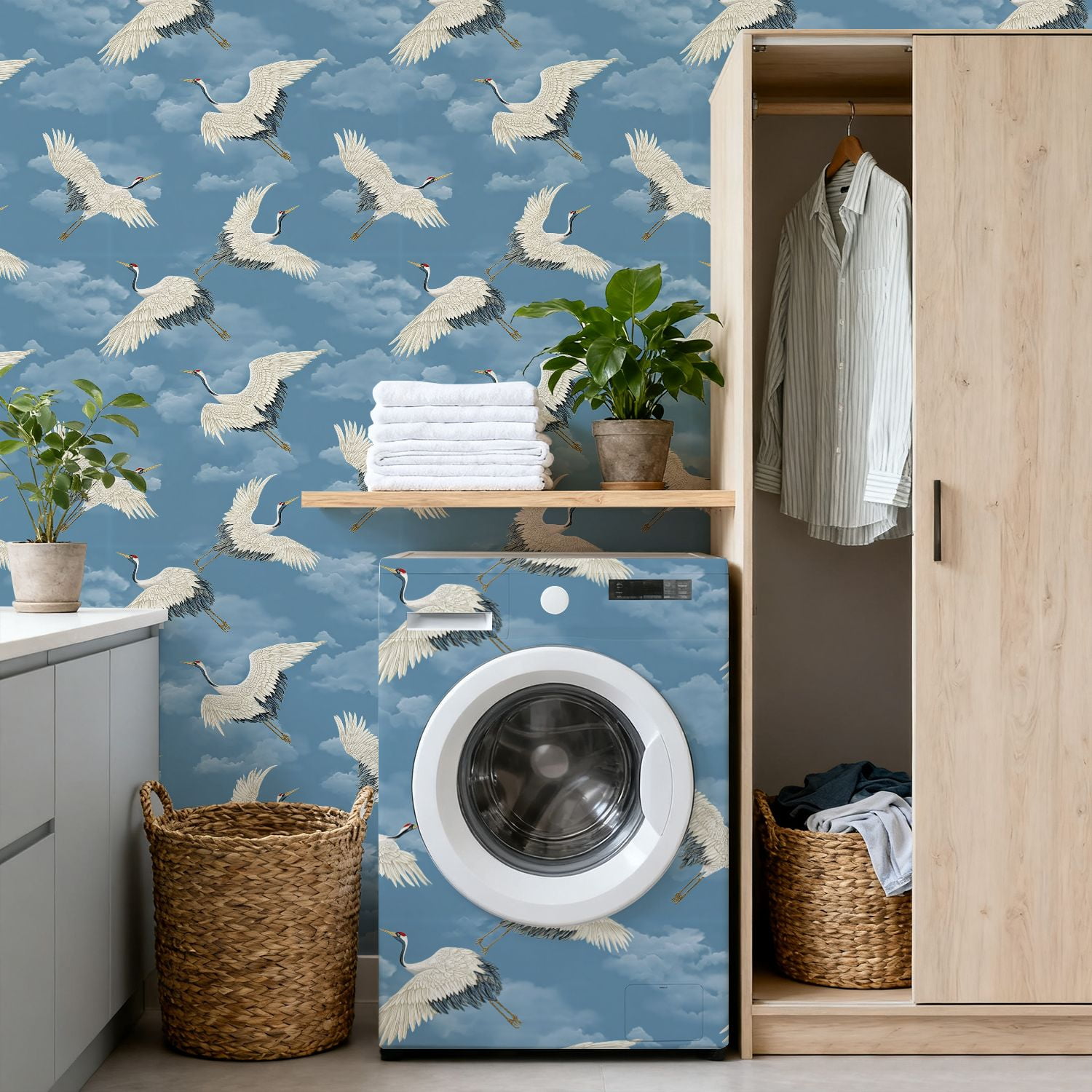 Crane Peel and Stick Wallpaper 17.7in x 9.8ft Cranes Soft Blue Sky Fluffy Clouds Contact Paper Vinyl Waterproof Self Adhesive Wall Paper for Bedroom Shelf Cabinet Renter Friendly